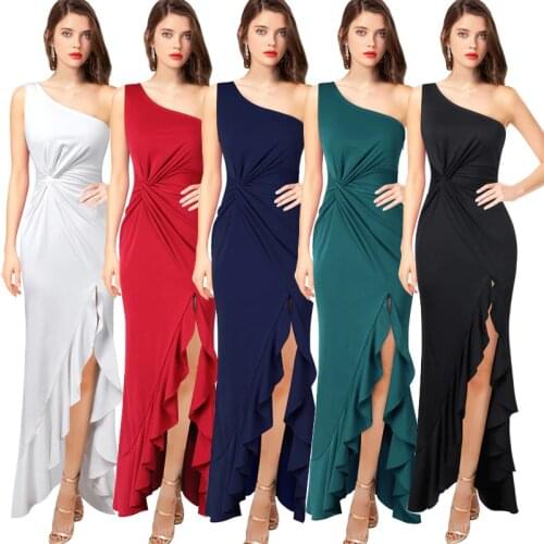 Summer Sexy One Shoulder Backelss Solid Bodycon Package Hip Club Womens Maxi Dress 2021 Slim Ruffle Split Party Ladies Dresses