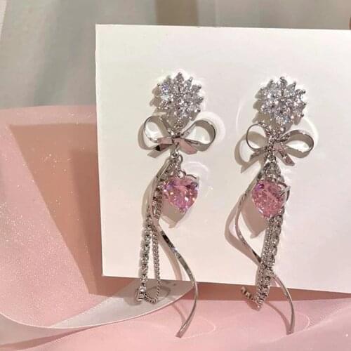 Fashion Metal Bowknot Tassel Drop Earrings For Women Elegant Pink Crystal Heart Pendientes Party Jewelry