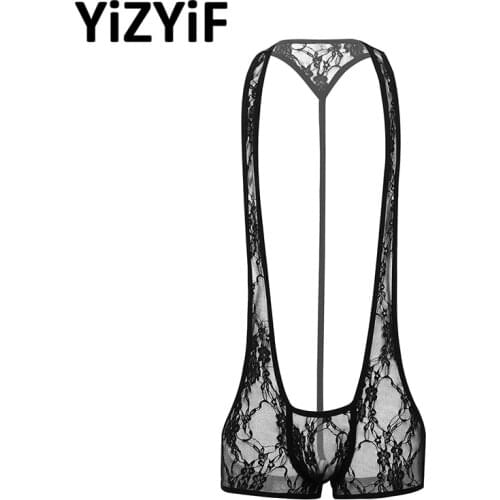 Men Swimsuit Bodysuit See Through Sheer Lace Racer Back Front Bulge Pouch Open Butt Leotard Bodysuit Wrestling Singlet Underwear