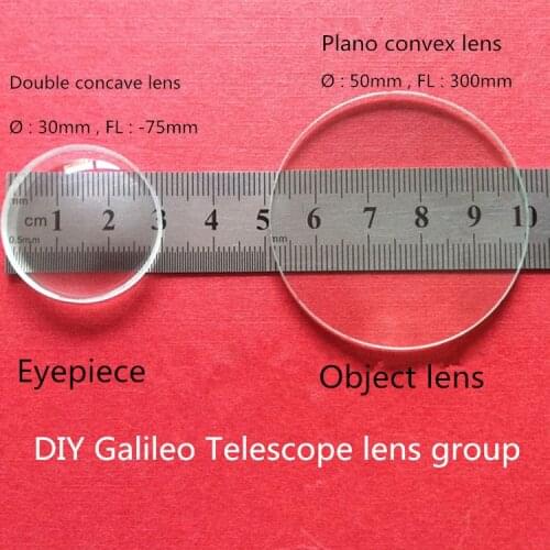 DIY galileo Telescope lens group 30mm diameter -75mm focal length and 50mm diameter 300mm focal length