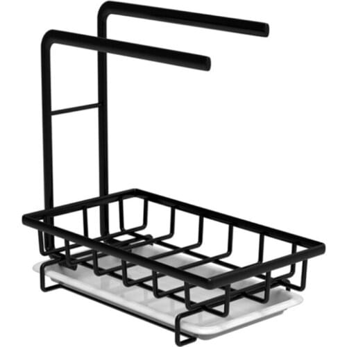 Wall Mount Hanging Kitchen Drain Basket Sponge Storage Rack Rag Holder Towel Shelf with Drain Pan Sink Organizer Dish