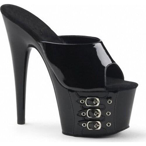 7 inches women sexy high heels platform 17CM Sexy Fetish Trend Slippers Big Size Black Patent leather Punk Queen Cross dressing