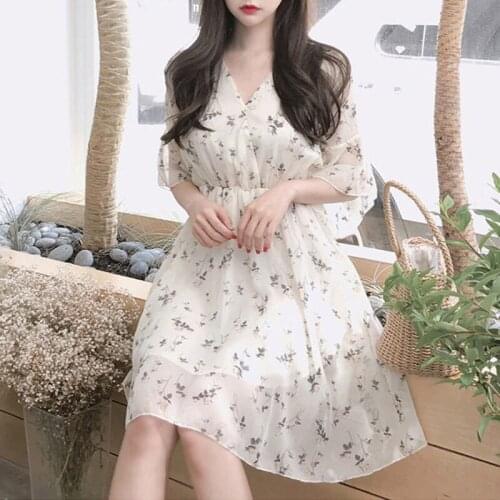Vintage Fairy Floral Dress Women Korean Puff Sleeve V-neck Ruffle Mini Dresses Female 2021 Summer Casual A Line Chiffon Vestidos