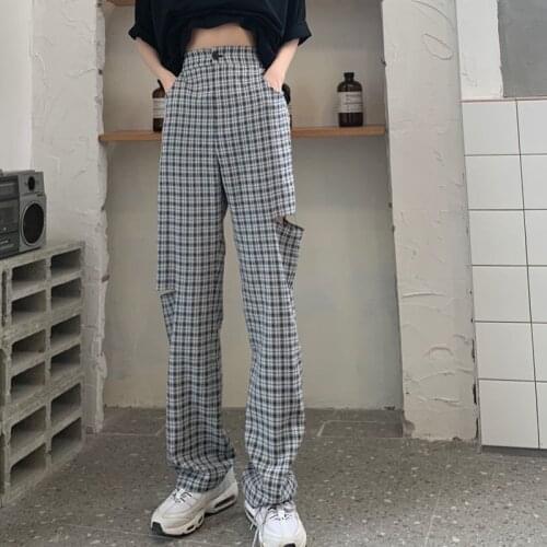 Casual Pants Women Hole Plaid Chic Long Trousers Streetwear Vintage Chic Preppy Korean Ins Fashion Slender Straight Pant Bottoms