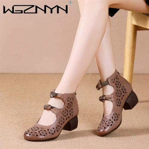 Fashion Retro Women Sandals Genuine Leather New Summer Autumn Women Shoes Med High Heel Back Zipper Casual Hollow Ladies Sandals