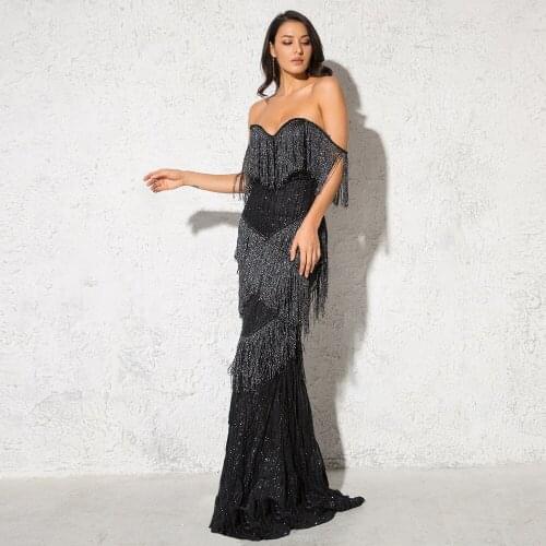 Sexy Tassels Striped Glittered Dress Strapless Low Cut Off The Shoulder Maxi DressParty Gown Dress Silver Black Maxi Dress
