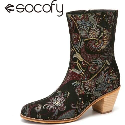 SOCOFY Ladies Boots Elegant Retro Prosperous Flowers Leather Wearable Side Zipper Chunky Heel Short Boots Fashion Warm Winter