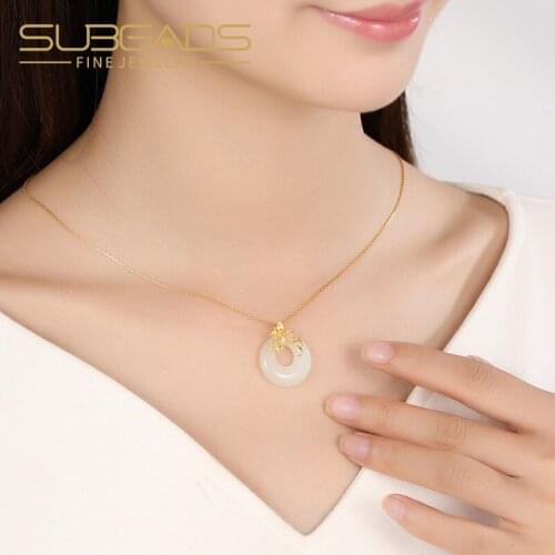 Subeads White Hetian Jade Bead Pendant Necklace Hollow Circle Charms Necklace for Women Neck Choker Jewelry Gift