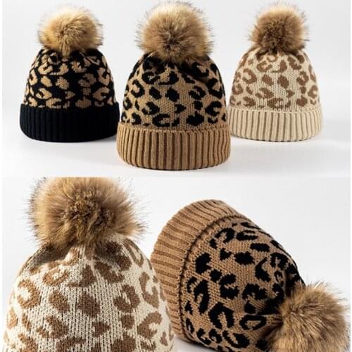 Warm Leopard-print Knitted Wool With Pompon Soft Stretch Thick Knitted Women Beanie Outdoor Casual Winter Hat