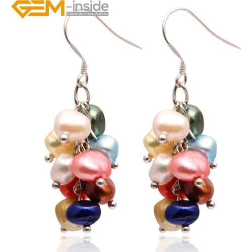 Gem-inside 5-6mm freedom multicolour pearl link earrings s925 slive adjustable size For Women Trinket Gift DIY Jewelry