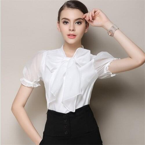 Summer 2021 Women Fashion White Blouse Short Sleeve Cute Bow Tie Tops Elegant Organza OL Shirts Big Bow Neck Sweet Lolita Shirts