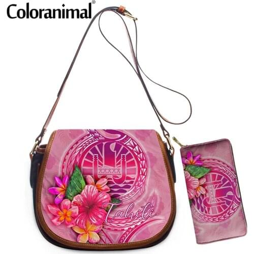 Coloranimal Brand Design Women PU Leather Crossbody Bag Tahiti Flag and Polynesian Plumeria and Hibiscus Print Lady Shoulder Bag