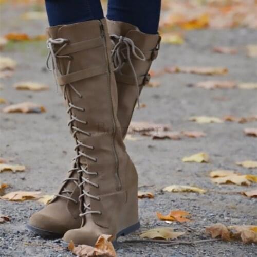 BERZIMER Vintage Boots Wedges Calf High Lace Up Boots Faux Suede Wide Calf Zapatos De Mujer Shoes Woman Large Size 39 45 47