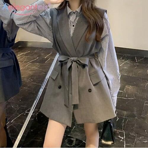 Aelegantmis Korean Casual Blazer Vest Women with Belt Chic Loose Sleeveless Coat Vintage Office Lady Waistcoat Plus Size OL 2021