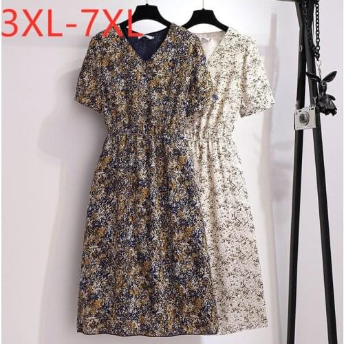 New 2021 summer plus size dress for women large short sleeve loose chiffon floral print dresses white blue 3XL 4XL 5XL 6XL 7XL