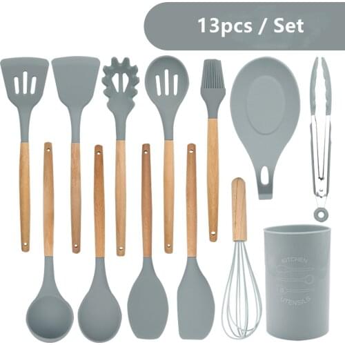 13PCS Wooden Handle Silicone Kitchen Cooking Utensils Set Non-stick Cooking Spoon Frying Spatula Colander Kitchenware Utensils