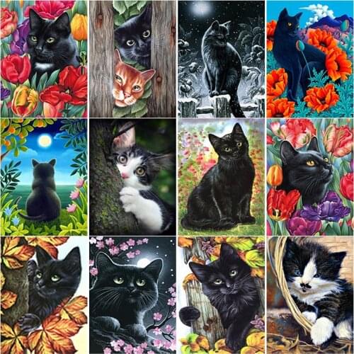 5D DIY Diamond Painting Animal Cross Stitch Black Cat Flower Diamond Embroidery Full Square Round Drill Home Decor Manual Gift