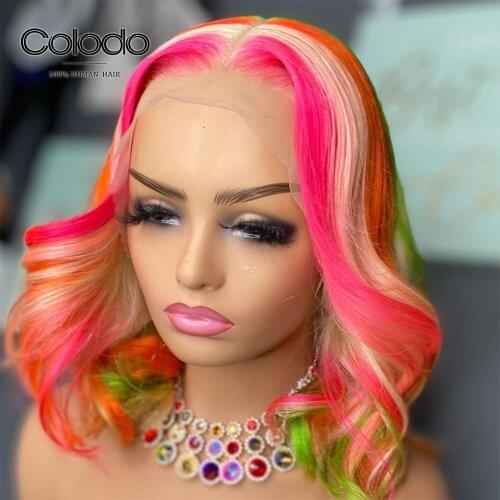 Brazilian Remy Pink Highlight Wig 613 Orange Green Rainbow Color Human Hair Wigs Pre Plucked Transparent Lace Wigs For Women