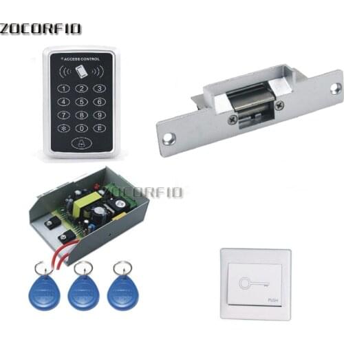 DIY wood door Rfid Door Access Control System Kit Set +Strike Door Lock +Rfid Keypad + Exit Button