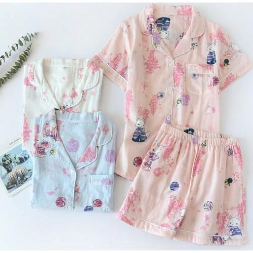 KISBINI Homewear For Women Soft Cotton Short Set Summer Printed Female Sleepwear Button Elastic-Waist Woman Pajamas Set Pjs