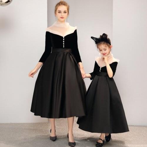 Mother Daughter Elegant Dress Vintage Style T-shirt Women Baby Girl Clothes Kids Wedding Dress Family Matching Outfits Black 2T
