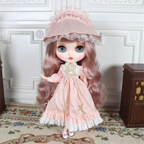 ICY DBS Blyth doll licca body lolita outfits pale pink dress with hat socks doll anime toy girls clothes