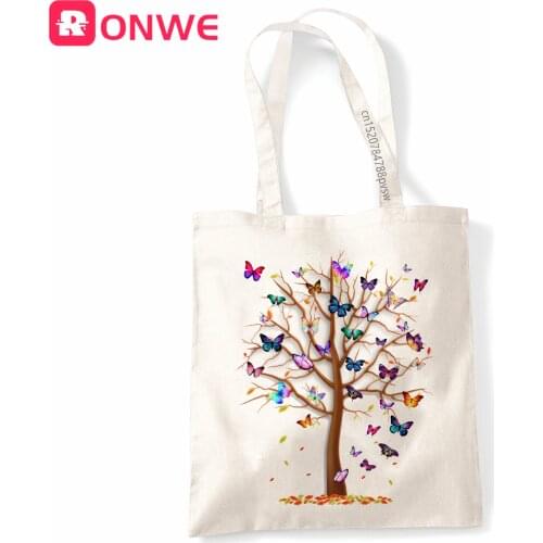 Butterfly Tree Print Reusable Women Shopping Canvas Bag Girl Tote Eco Harajuku Shopper Shoulder Bags,Drop Ship