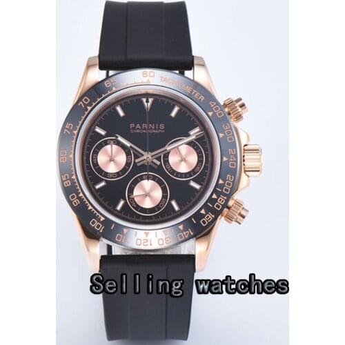 Luxury 39mm Golden PARNIS mens watch Full Chronograph luminous sapphire glass Rose gold plated case Quartz movement watch men