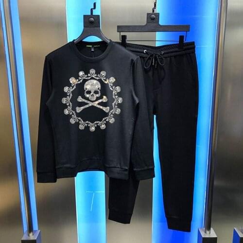 Top Quality Brand Plus Cashmere Mens Track Suit Loose Hot Drilling Skull Sets Autumn And Winter Pullover Sweatshirt
