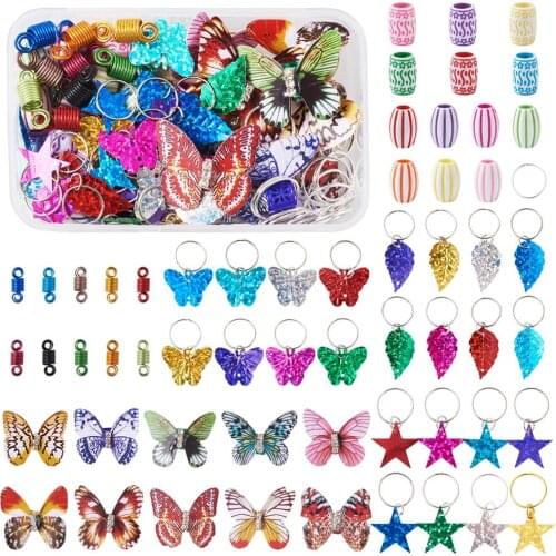 1 Box Mixed Color DIY Hair Accessories Kits with Beads,Open Jump Rings,Hair Coil Cuffs,Hair Braid Ring Pendant Decor Accessories