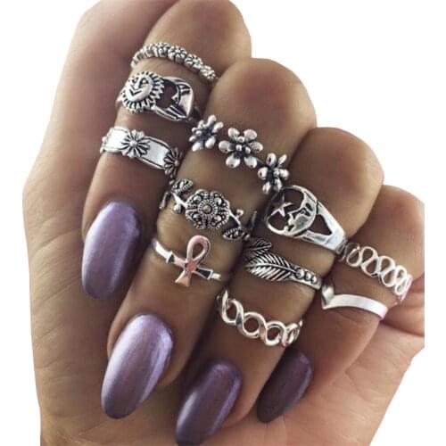 Knock Hot Sale New 11 pcs/set Vintage Joint Ring Set Bohemian National Wind Joints Ten Suits flowers Jewelry Rings