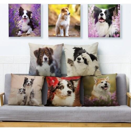 Pet Dog Border Collie Labrador Print Throw Pillow Cover 45*45 cm Cushion Cover Linen Pillows Cases Sofa Home Decor Pillow Case