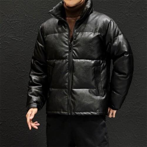 Autumn Mans leather black padded coat Winter Coats Fashion Stand Collar Parkas Winter Jacket Women Pockets Padded Cotton Coat