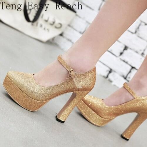 Autumn High Heels Platform Pumps Women Shoes Fashion Ankle Straps Gold Silver Heels Luxury Sequined Red Party Wedding Shoes 39