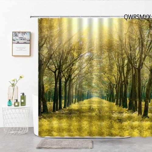 Ginkgo Grove Road In Autumn Landscape Shower Curtains Hooks Yellow Forest Natural Scenery 3D Home Bathroom Luxury Decor Curtain