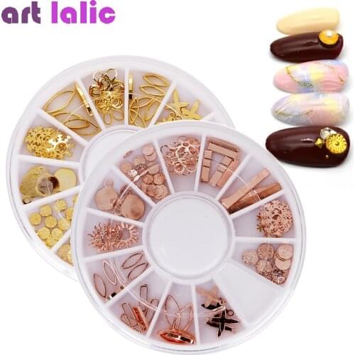 Rose Gold Metal Slices Nail Art Decorations Sun Snowflake Leaf Designs 3D Nail Tips Manicure DIY Nail Decoration In Wheel