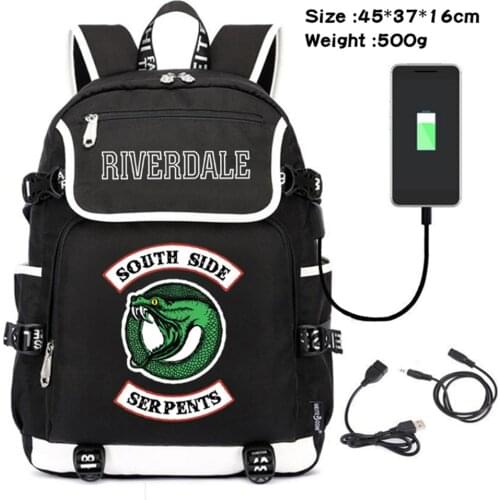 Riverdale Southside Serpents USB Charging Packsack Boys Girls Canvas Travel Laptop Bag Teenagers Zip Schoolbag Cartoon Backpack