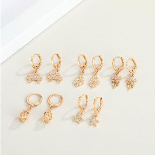 1Pair Lovely Crystal Leaves Star Car Hoop Earrings For Women Fashion Creative Birdcage Flower Circle Small Stud Earrings Jewelry
