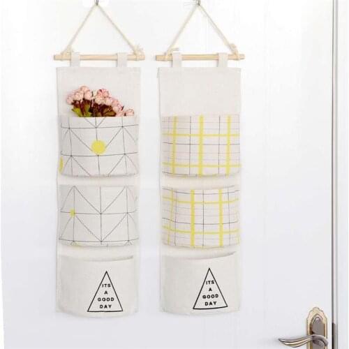 Nordic three pocket storage hanging type cotton and linen door sundries storage bag