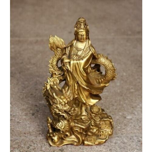 Tibet Buddhism Brass Copper Kwan-yin Guanyin Bodhisattva Ride Dragon Statue