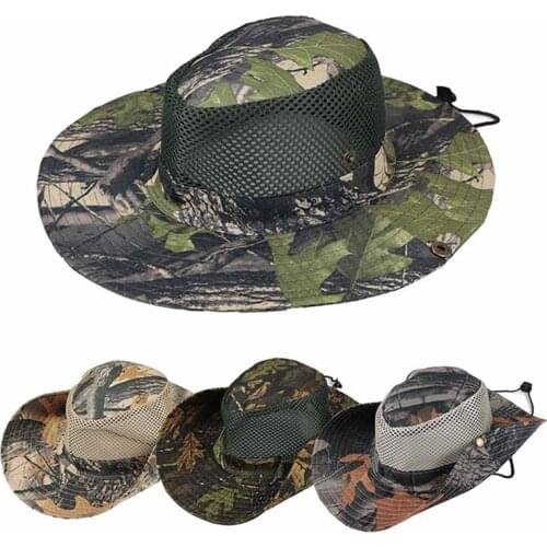 Outdoor Wide Brim Fishing Caps Face Sunscreen Cap Breathable Mesh Camouflage Leaves Hat with Drawstring
