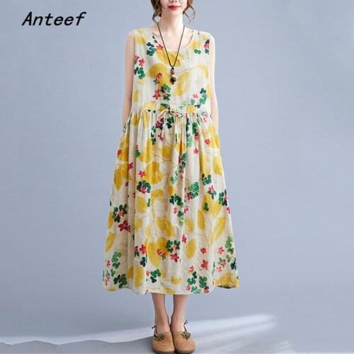 Sleeveless cotton vintage floral dresses for women casual loose long woman summer dress elegant clothes 2021 sundress