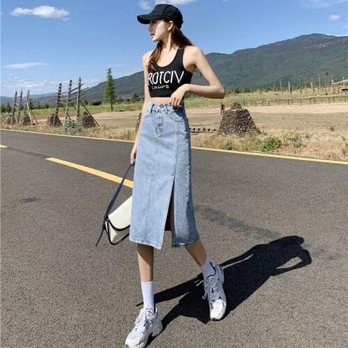 High Waist Split Denim Skirt Women Mid-length Summer Thin Section 2021 New Skirt A-line Package Hip Long Skirt Women