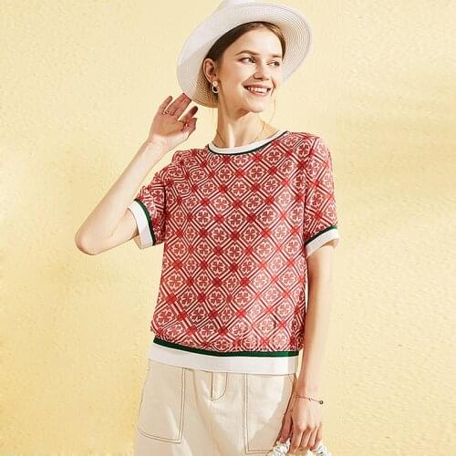 100% Silk Loose T-shirt Women High Quality Printed O Neck Short Sleeves 2 Colors Casual Basic Elegant Clothing Fashion