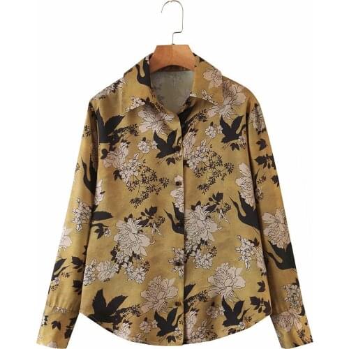 Retro Vintage Women Blouse Elegant Turn Down Collar Full Long Sleeves Shirt Femme Floral Print Brown Blusas Mujer Tops Button Up