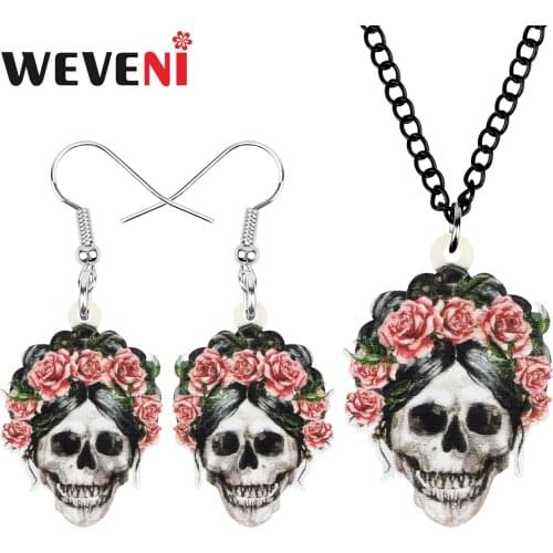 WEVENI Acrylic Halloween Rose Skeleton Skull Jewelry Sets Long Evil Earrings Necklace For Women Lover Girls Charm Festival Gift