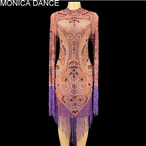 Women Sexy Purple Fringes Rhinestones Mesh Transparent Dress Birthday Evening Celebrate See Through Dance Singer Tassel Outfit