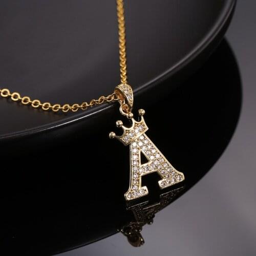 Vintage Crystal Zircon Alphabet Pendant Necklaces For Women Crown Initial Letters Charm Link Chain Necklaces Jewelry Gifts