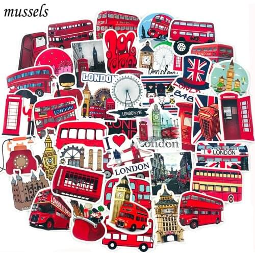 50Pcs Red Bus Phone Booth Travel Childrens Sticker Scrapbookingfor Skateboard Guitar Toy Luggage Laptop Suitcase Sticker