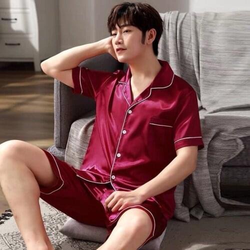 Satin Sleep Set Mens Pajamas Suit 2PCS Pyjamas Casual Sleepwear Summer New Short Sleeve Male Nightwear Home Clothing